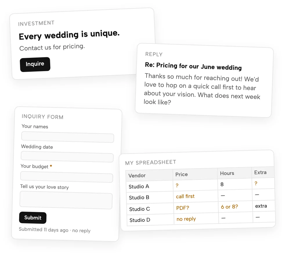 What couples collect on their own: a vendor site that says contact us for pricing, a reply asking for a call first, an inquiry form demanding a budget and a love story, and a spreadsheet full of question marks and no prices.