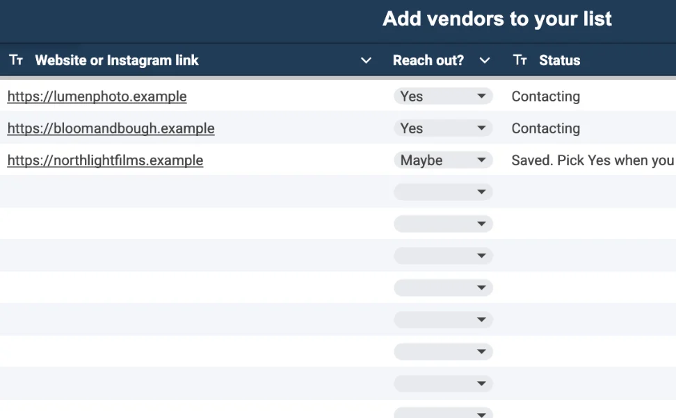 The Sheet's add-vendors tab: pasted vendor links, a Reach out? dropdown set to Yes or Maybe, and a status such as Contacting.