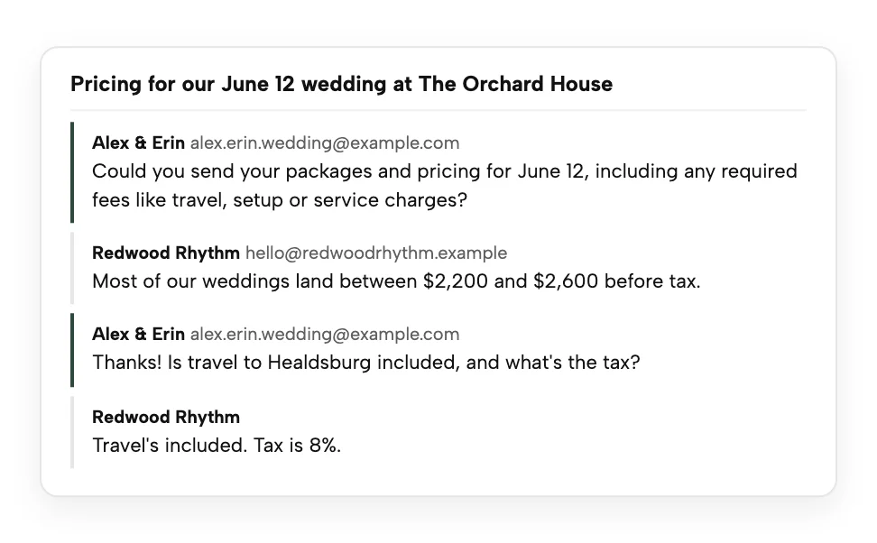 An email thread from the couple's wedding address: our pricing request, the vendor's range before tax, our question about travel and tax, and the vendor's answer.